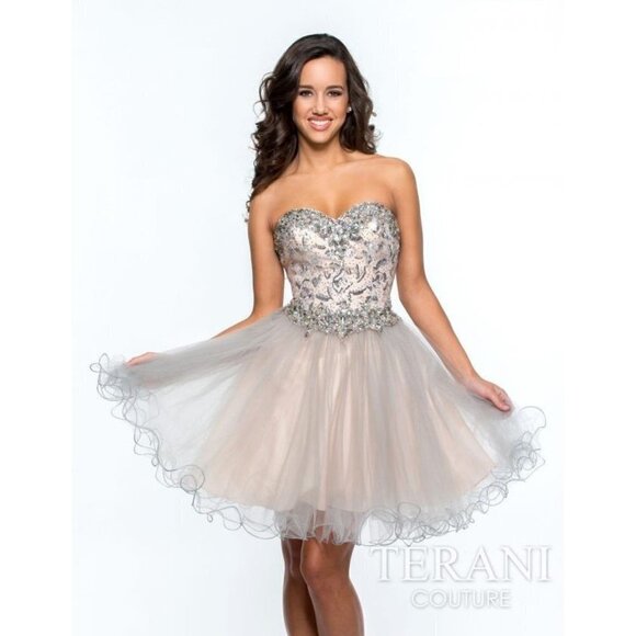 NWT Terani Couture Silver Strapless Formal Dress $286 - Picture 2 of 13